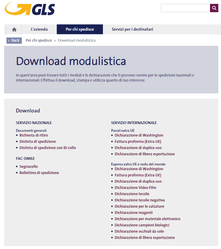 gls download modulistica servizio clienti