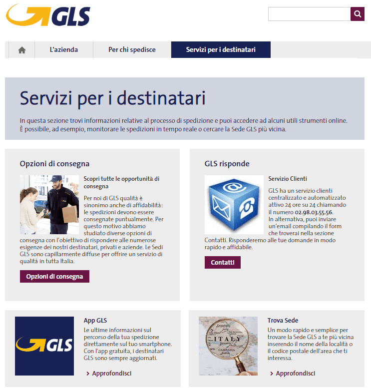 gls servizi per i destinatari servizio clienti