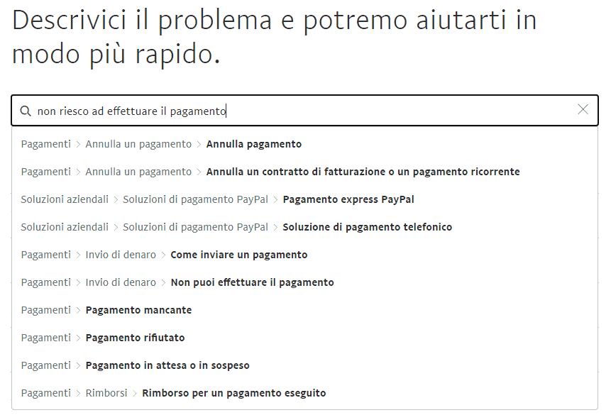 paypal assistenza descrivi il problema servizio clienti